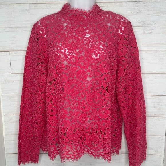 NWOT J Crew Scalloped Eyelet Lace Mock Neck Fringe Hem Blouse in Pink Size 14 - Picture 2 of 12